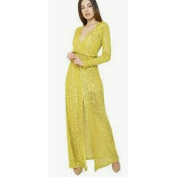 Aniye By Sequin Yellow Long Sleeve V-Neck Maxi Dress Womens S - Picture 2 of 7